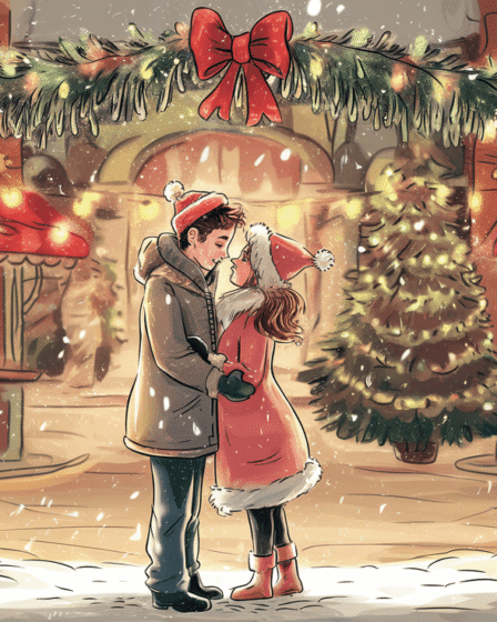 Rysunkowa, bajkowa ilustracja inspirowana „Mistletoe” Justina Biebera. Młoda para w zimowych ubraniach stoi pod jemiołą na tle świątecznych światełek i dekoracji. Śnieg delikatnie opada wokół nich, tworząc romantyczną, zimową atmosferę.
